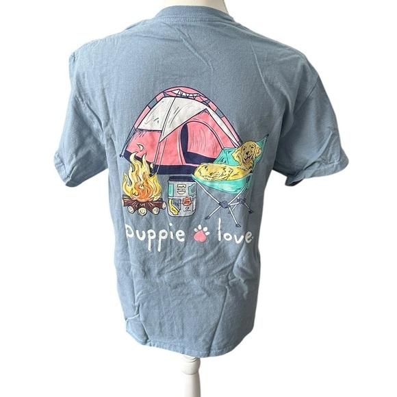 Puppie Love Blue Graphic Camping Dog T-Shirt Outdoor Adventure Short Sleeve Tee - Picture 3 of 4